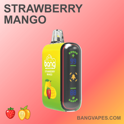 A colorful vape device labeled "Bang Strawberry Mango" with digital display and fruit icons of a strawberry and mango on the packaging.