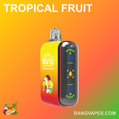 Tropical fruit flavored vape device with a digital display showing numbers and icons, branded "Bang" with a gradient yellow-orange background.