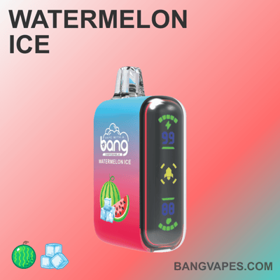 Bang disposable vape labeled "Watermelon Ice," featuring a colorful gradient design with icons of watermelon slices and ice cubes, alongside a digital display showing battery and puff count.