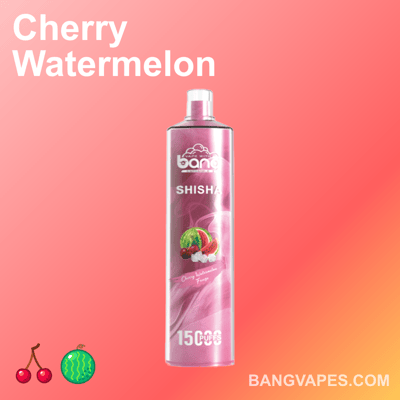 Waporyzator Bang Shisha o smaku wiśniowo-arbuzowym, zawierający 15000 zaciągnięć, pokazany w różowym pojemniku.