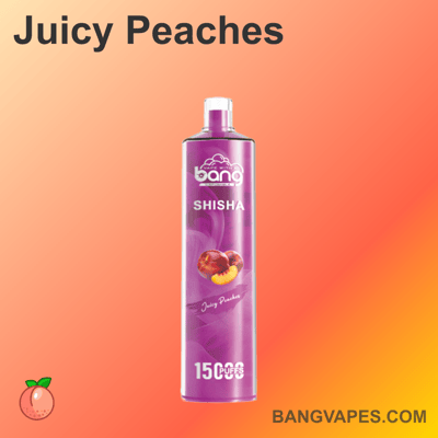 Fioletowy długopis vape z napisem "Bang Shisha Juicy Peaches" z wizerunkiem brzoskwiń, oferujący 15 000 zaciągnięć, na gradientowym pomarańczowym tle.