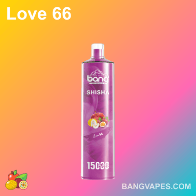 Fioletowe jednorazowe urządzenie do waporyzacji oznaczone "Bang Shisha Love 66" zawierające 15 000 zaciągnięć, ozdobione wizerunkami marakui, melona i jagód.