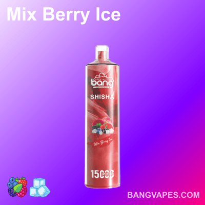 "Waporyzator do sziszy Bang Mix Berry Ice, 15000 zaciągnięć, z ikonami jagód i lodu, na gradientowym fioletowym tle"."