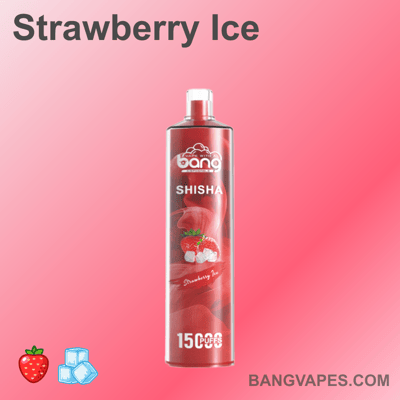 Czerwony jednorazowy waporyzator z napisem "Bang Shisha" z ikonami truskawek i kostek lodu, oferujący 15 000 zaciągnięć, o smaku "Strawberry Ice"."