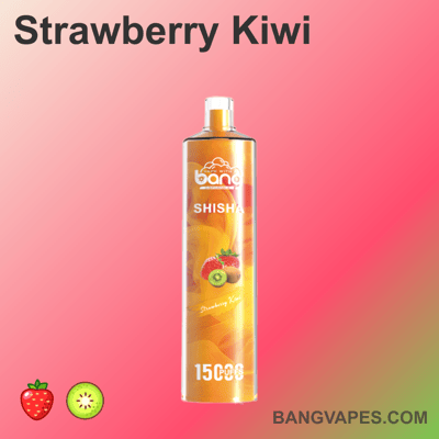 Jednorazowy waporyzator Bang o smaku truskawki i kiwi, zawierający 15 000 zaciągnięć, pokazany na gradientowym różowym tle.