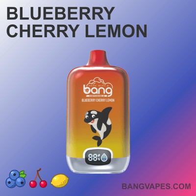 Jednorazowy waporyzator Bang o smaku jagód, wiśni i cytryny, z wzorem orki i wskaźnikiem naładowania baterii na urządzeniu.