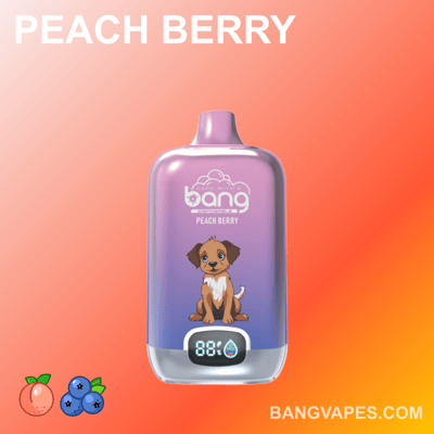Vape z napisem "Bang Peach Berry" z rysunkowym psem z przodu i cyfrowym wyświetlaczem pokazującym poziom naładowania baterii i płynu. Tło stanowi gradient kolorów brzoskwini i jagód.