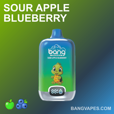 Vape Bang o smaku "Sour Apple Blueberry", wyposażony w cyfrowy wyświetlacz i ilustrację przedstawiającą uśmiechniętego żółwia z przodu.