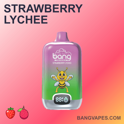 Jednorazowy waporyzator Bang Vapes Strawberry Lychee z kreskówkową ilustracją pszczoły na różowym, gradientowym tle.