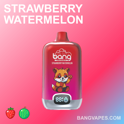 Jednorazowy waporyzator Strawberry Watermelon Bang z postacią czerwonej pandy i cyfrowym wyświetlaczem pokazującym poziom naładowania baterii i e-liquidu.