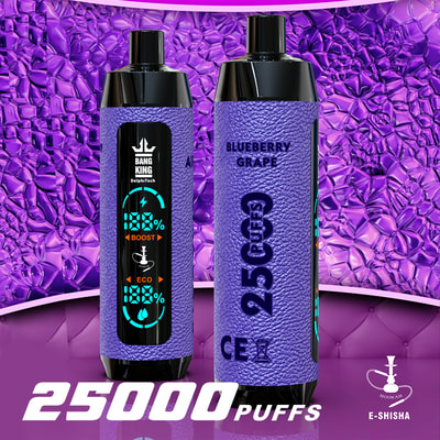 Due dispositivi di vaporizzazione usa e getta con texture viola con parte superiore nera etichettati "BANG KING" e "BLUEBERRY GRAPE", che mostrano "25000 PUFFS" in grande testo bianco, su uno sfondo con motivi viola.