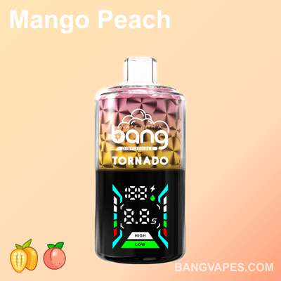 Jednorazowy waporyzator Bang Tornado z żółto-różowym gradientem, cyfrowym wyświetlaczem pokazującym napięcie i liczbę zaciągnięć, z etykietą "mango brzoskwinia" i ikonami owoców na dole.