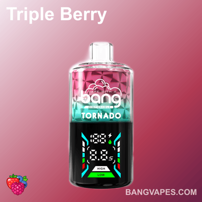 Jednorazowy waporyzator Bang Tornado z czerwono-niebieskim gradientem, cyfrowym wyświetlaczem pokazującym napięcie i liczbę zaciągnięć, z napisem "potrójna jagoda" i ikonami owoców na dole.