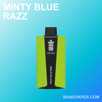 Vape Minty Blue Razz Bang King 30K Pro avec un design vert et noir sur fond dégradé bleu clair.