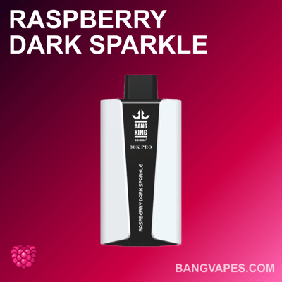 Un appareil de vape étiqueté "Raspberry Dark Sparkle" de Bang King, modèle 30K Pro, sur fond dégradé rose et rouge foncé avec une petite icône framboise et l'URL du site Web "BANGVAPES.COM" en bas à droite.