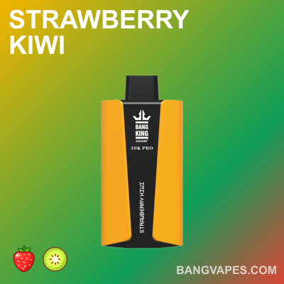 Appareil à vape orange et noir étiqueté " Bang King 30K Pro " avec saveur fraise kiwi, affiché sur un fond dégradé vert avec des icônes fraise et kiwi.