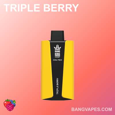 Appareil de vape Triple Berry Bang King 30K PRO avec un design jaune et noir sur fond dégradé rose.