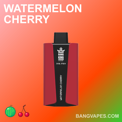 Appareil à vape rouge et noir étiqueté " Bang King 30K Pro " avec la saveur " Watermelon Cherry ", affiché sur un fond dégradé avec des icônes de pastèque et de cerise.