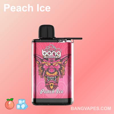 A disposable vape labeled "Peach Ice" with a pink demon design on the packaging.