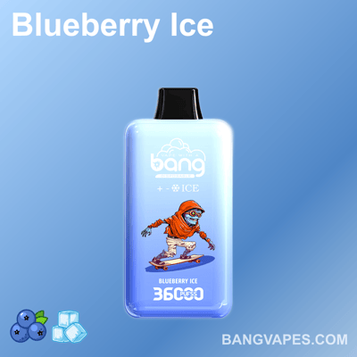 Un dispositivo di vaporizzazione colorato di blu etichettato "Blueberry Ice" con un personaggio illustrato con una felpa con cappuccio rossa che fa skateboard. Lo sfondo è blu sfumato e nella parte inferiore sono presenti piccole icone di mirtilli e cubetti di ghiaccio.