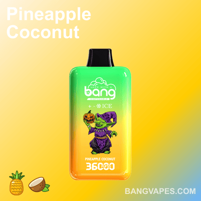 Una penna vaporizzata colorata etichettata "Pineapple Coconut" con un simbolo di ghiaccio e un personaggio dei cartoni animati che tiene in mano una zucca, su uno sfondo giallo sfumato.