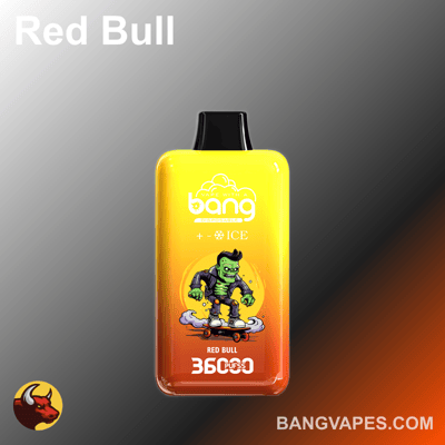 Un dispositivo di vaporizzazione colorato con un design sfumato di giallo e arancione che raffigura un personaggio dei cartoni animati con la pelle verde e una giacca nera che pattina su uno skateboard, etichettato "Red Bull" e "ICE"."