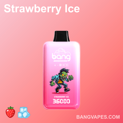 Un dispositivo di vaporizzazione etichettato "Strawberry Ice" raffigurante un personaggio dei cartoni animati dall'aspetto verde, simile a uno zombie, su uno sfondo rosa sfumato con illustrazioni di una fragola e cubetti di ghiaccio nella parte inferiore.