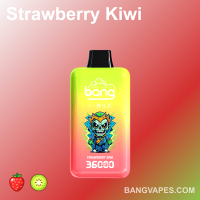 Una penna vaporizzata colorata etichettata "Strawberry Kiwi" con un design del personaggio da cartone animato e uno sfondo sfumato che passa dal rosa al verde, accompagnato dalle icone di una fragola e un kiwi nella parte inferiore.