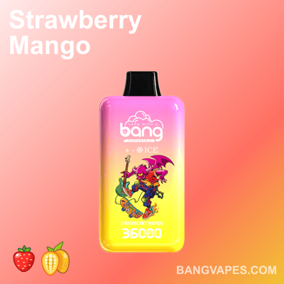 Un dispositivo di vaporizzazione a colori sfumati etichettato "Strawberry Mango" con un'illustrazione di un personaggio e un testo che indica "3600 PUFFS" e "ICE", su uno sfondo rosa tenue.