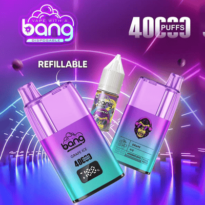 Gráfico que muestra un colorido dispositivo de vapeo con la etiqueta "Bang Desechable" con sabor a "Grape Ice", que enfatiza "Recargable" y "40,000 inhalaciones", junto con una botella de jugo de vapeo, sobre un vibrante fondo morado y azul.