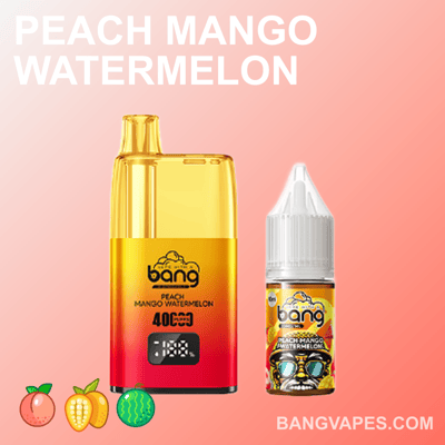 Un appareil de vapotage et une bouteille d'e-liquide étiquetée " Peach Mango Watermelon " sur fond rose dégradé, avec de petites icônes représentant une pêche, une mangue et une pastèque en bas.