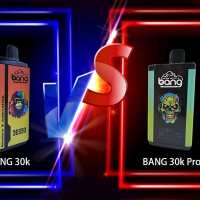 Comparison of BANG 30k and BANG 30k Pro disposable vape devices with colorful designs in a split-screen background.