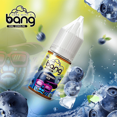 Eine Flasche E-Liquid mit Blaubeereisgeschmack und einem farbenfrohen Etikett mit dem stilisierten Design einer Figur mit Sonnenbrille, umgeben von Blaubeeren, Eiswürfeln und Wasserspritzern.