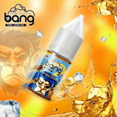 Bang Energy Drink can floating in a splashy orange and yellow animated scene with “Energy Drink” text