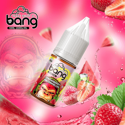 Eine Flasche Erdbeer-Wassermelonen-Vape-Saft mit lebendigem Branding, umgeben von Erdbeeren, Wassermelonenscheiben und Flüssigkeitsspritzern, mit einem stilisierten Gorilla-Gesicht im Hintergrund.