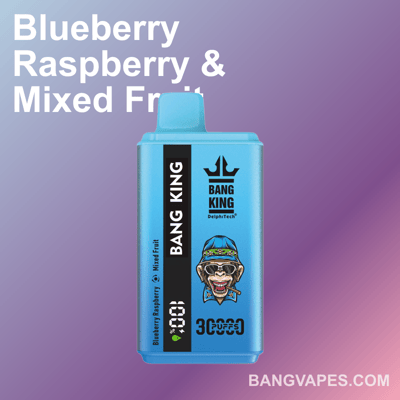 Fondo azul degradado que presenta un dispositivo de vapeo desechable Bang King azul con sabor etiquetado como Blueberry Raspberry & Mixed Fruit y la marca BangVapes.com en la parte inferior derecha.