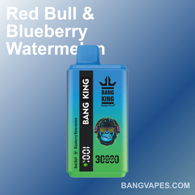 Un dispositivo de vapeo Bang King con un diseño degradado en azul y verde, con los sabores Red Bull y Blueberry Watermelon, con la marca y el sitio web sobre un fondo azul degradado.