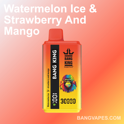 Envase del vaporizador Bang King en sabor Sandía Hielo y Fresa y Mango, con un fondo naranja degradado e imágenes coloridas de una cabeza de gorila.
