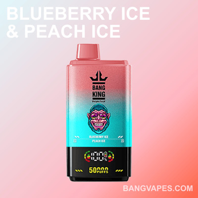 A colorful vape product labeled 'Bang King' offering flavors Blueberry Ice and Peach Ice, with a capacity indicator of 50,000 puffs, shown against a gradient background with promotional text.