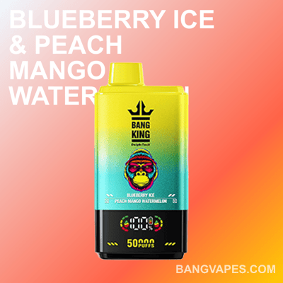 Colorful vape device with 'Bang King' brand label and flavor text 'Blueberry Ice & Peach Mango Watermelon,' set against a gradient background.