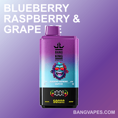 A Bang King disposable vape device in a gradient purple-to-blue design, featuring the flavor 'Blueberry Raspberry & Grape Ice', with a colorful gorilla face logo and an LED puff counter indicating 5000 puffs, against a purple background with text and the website bangvapes.com.