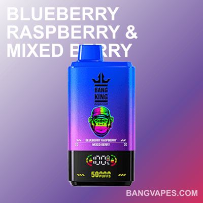 A Bang King vaping device with vibrant blue-to-purple gradient packaging, available in Blueberry Raspberry & Mixed Berry flavor, accompanied by branding and product details on the front, set against a matching gradient backdrop.