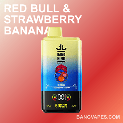 A colorful Bang King vape device displaying the flavor 'Red Bull & Strawberry Banana,' with a gradient background showcasing the website BangVapes.com.