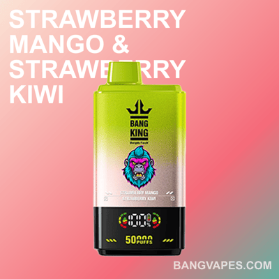 Advertisement for Bang King disposable vape featuring flavors Strawberry Mango and Strawberry Kiwi, with 50,000 puffs displayed.
