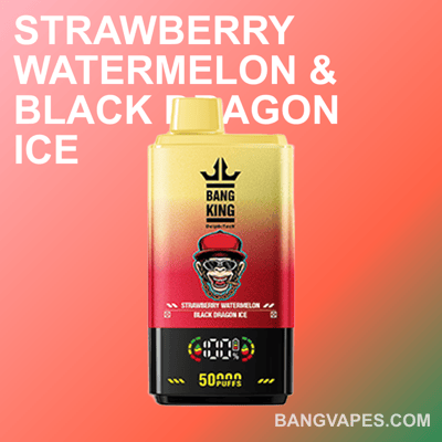 A flavored vape device featuring the Bang King brand, boasting 50,000 puffs with Strawberry Watermelon and Black Dragon Ice flavors, displayed on a gradient background.