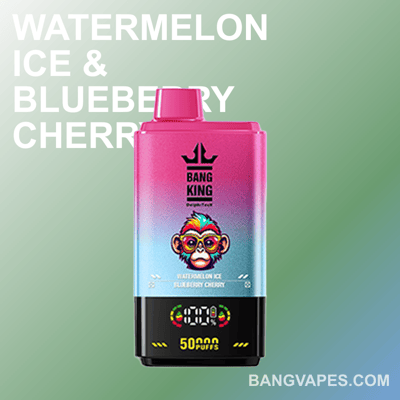 Colorful Banq King disposable vape product on a gradient green background.