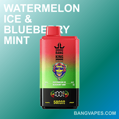 A vaping device labeled 'Bang King' with a colorful red and green gradient design, offering flavors 'Watermelon Ice & Blueberry Mint.'