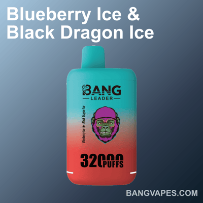 Żywe urządzenie do waporyzacji marki Bang Leader w gradientowej kolorystyce od turkusu do czerwieni, oznaczone 'Blueberry Ice i Black Dragon Ice', oferujące 32000 zaciągnięć, wyświetlane na niebieskim tle z napisem 'BANGVAPES.COM' w prawym dolnym rogu.