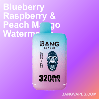 Obraz promocyjny urządzenia vape Bang Leader przedstawiający smaki Blueberry Raspberry i Peach Mango Watermelon, z tekstem wskazującym 32 000 zaciągnięć, wyświetlanym na gradientowym fioletowym i różowym tle.