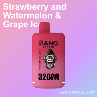 Czerwone urządzenie do e-papierosów z etykietą 'Bang Leader' i reklamą '32000 zaciągnięć' o smakach 'Strawberry and Watermelon & Grape Ice' na gradientowym różowo-fioletowym tle.